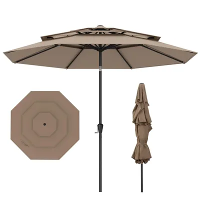 A three-tiered patio umbrella is shown in an open state, with a top-down view of the canopy and a closed view of the umbrella.