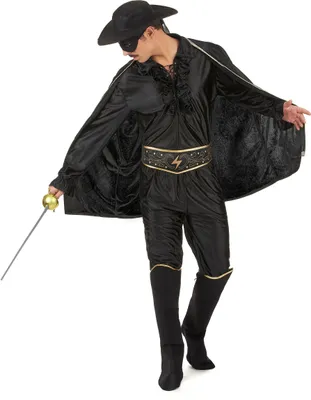 A person wearing a black Zorro-like costume, holding a sword.