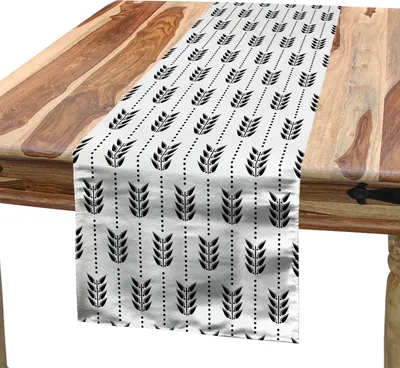 Produktbild von ABAKUHAUS Schwarz und weiß Tischläufer, Geometrische Komposition mit Punkten und Laubblätter Monochrom Entwurf, 40 x 300 cm, Weiß und Schwarz