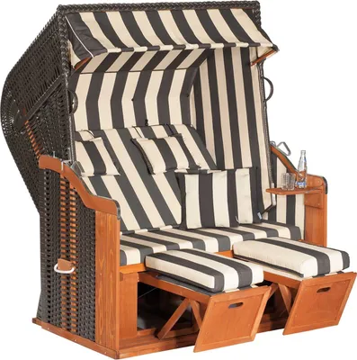 Produktbild von Rustikal Strandkorb 250 Plus XL, Halblieger Ostseeform, Geflecht anthrazit, Strukturpolyester gestreift, Fichtenholz lasiert, ca. 145x90x160cm