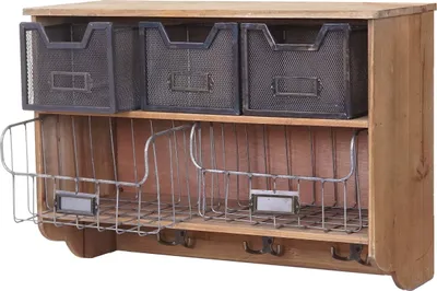 A wooden wall-mounted shelf with three mesh baskets on top and three wire baskets below, with hooks on the bottom.