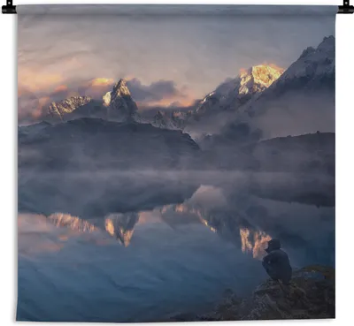 Produktbild von MuchoWow® Wandteppich Wandbehang Landschaft - Wasser - Berg - Schnee - Sonnenuntergang 150x150 cm Tapisserie Dekoration Wandtuch - Wohnaccessoires - Modernes