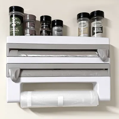 Produktbild von 4-In-1 Wandrollenhalter Gewürzregal Küchenrollenhalter Küchenregal Papierrollenhalter Wandmontage Rollenhalter Frischhaltefolie Halter Alufolienspender