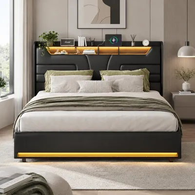 Immagine prodotto di Letto imbottito INONEFT 140x200 cm con LED, letto con sistema di sollevamento idraulico e spazio contenitore, letto matrimoniale per ragazzi con spazio contenitore, testiera e funzione di ricarica USB, rivestimento inPoliuretanonero, Immagine generata dall'IA