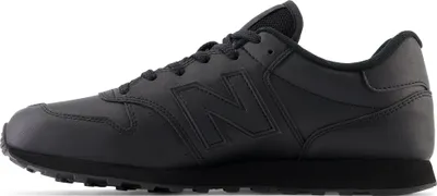 A side view of a black New Balance sneaker.