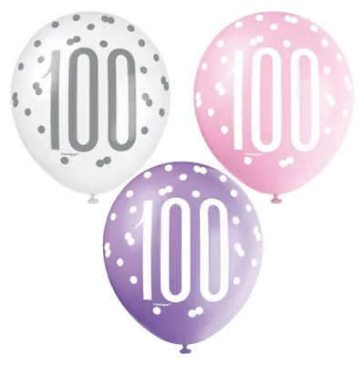 Produktbild von 6 Luftballons rosa & silber Zahl 100