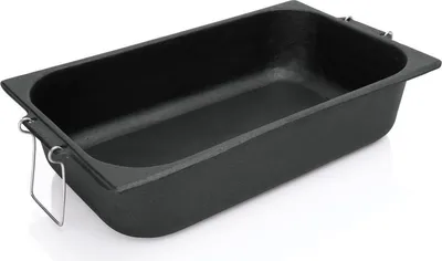 A black cast iron roasting pan with metal handles, shown from a diagonal angle on a white background.