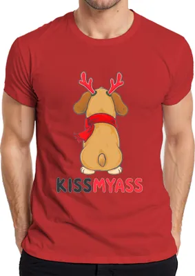 Produktbild von KISS MY ASS lustiger Weihnachtshund Rentierohren Cartoon Spruch Herren T-Shirt, Rot, S