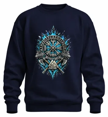 Imagen del producto de Sudadera con cuello redondo, estilo "pullover", con motivos vikingos: Vegvisir, lobo, hacha, Valknut, runas, diseño nórdico, Odin, Thor. Color azul marino, talla XL