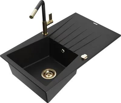 Produktbild von Mexen Cesar 1 Becken-Granitspüle mit Abtropffläche und Mischbatterie Flora, Schwarz - 6514-77-670401-57-G