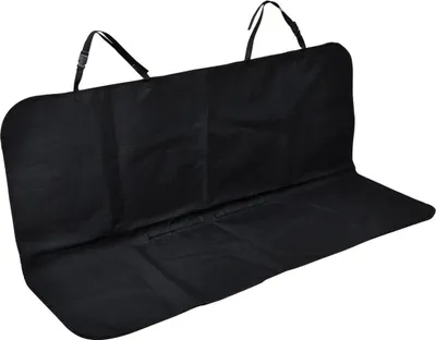 A black car seat cover is laid out on a white background.