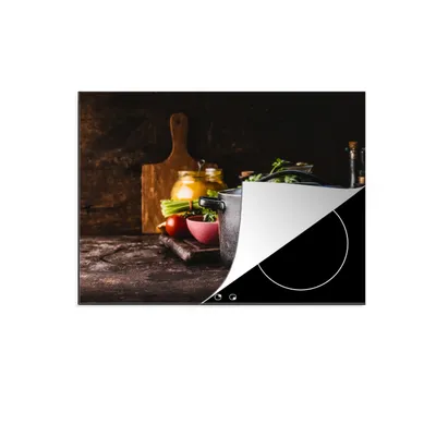 Obrázok produktu pre MuchoWow® Krycia doska sporáka - Indukčná ochrana - 70x52cm Rustikálne - Zátišie - Panvica - Zelenina - Kryt na sporák z vinylu - Zväčšuje pracovnú