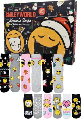 Image de Calendrier de l'Avent SmileyWorld avec 12 paires de chaussettes pour femmes - Taille 35-41 - Calendrier avec motifs de baskets et de chaussettes longues - Calendrier de Noël - Idée cadeau