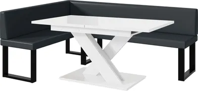 Produktbild von MEBLINI Eckbank für Esszimmer mit ausziehbarem Tisch  - Küchenbank - Essecke - Sitzecke Küche - TONI - U-Beine 142x196x87cm Links - Dunkelgrau Kunstleder/B Weiß Hochgl.