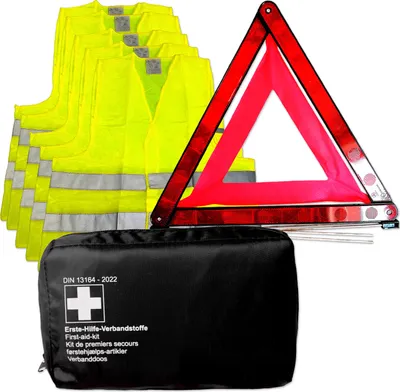 Produktbild von KFZ Erste-Hilfe Set Warndreieck 5 Warnwesten gelb DIN 13164