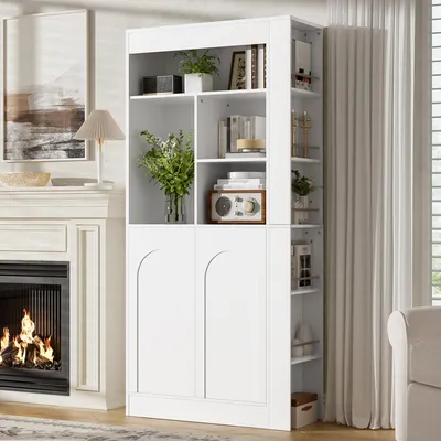 Immagine prodotto di MODFU, armadio contenitore da 180 cm, mobile alto con doppia porta, scaffale multifunzionale con ripiani aperti e ripiani regolabili, libreria moderna, colore bianco
