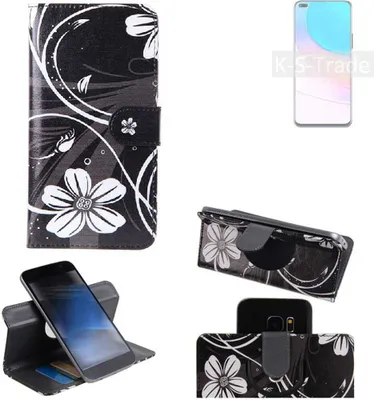 Produktbild von K-S-Trade Schutzhülle Handyhülle kompatibel mit Huawei nova 8i Hülle 360° Wallet Case ''Flowers'' Klapphülle Hülle schwarz-weiß 1x