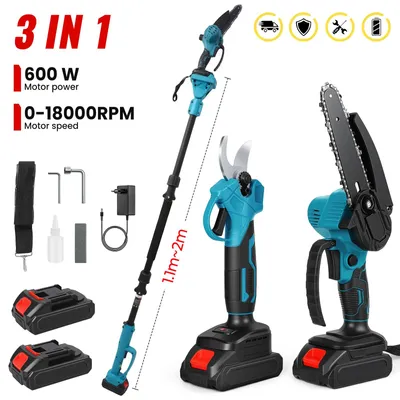 Produktbild von Elektro-Kettensäge - 600 W Astsäge - 3-in-1-Teleskopstiel - Gartenschere - 2 Akkus - Makita-kompatibel