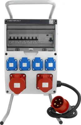 A portable electrical distribution box with multiple outlets and circuit breakers, mounted on a stand.