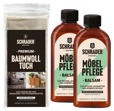 Produktbild von SCHRADER Möbelpflege Set - Balsam für lackierte Holzmöbel & Holzoberflächen mit Poliertuch - 3-teilig - Germany