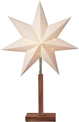 Produktbild von EGLO Tischlampe mit Weihnachtsstern, Dekostern beleuchtet aus Papier mit Holz-Sockel, 3D Fenster-Leuchtstern stehend in weiß mit Kabel, E14