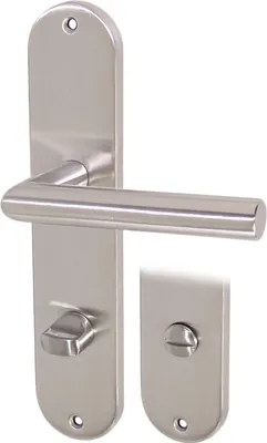 A stainless steel door handle set with a long backplate and a WC turn and release.