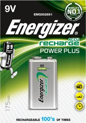 Zdjęcie produktu dla Energizer PowerPlus, Bateria do ponownego naładowania, 9V, Niklowo-metalowo-wodorkowa (NiMH), 9 V, 1 szt., 175 mAh