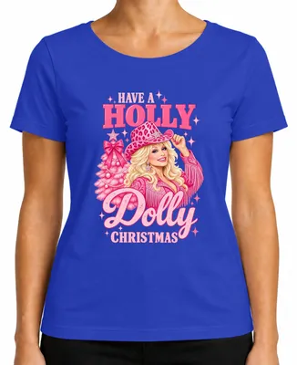 Immagine prodotto di Maglietta da donna a tema natalizio "Have A Holly Dolly Christmas", stile cowgirl country western, colore blu, taglia 3XL