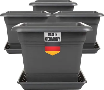 A set of four dark gray square planters with saucers, arranged in a staggered formation against a white background. A label with the German flag and 'MADE IN GERMANY' is attached to the front planter.