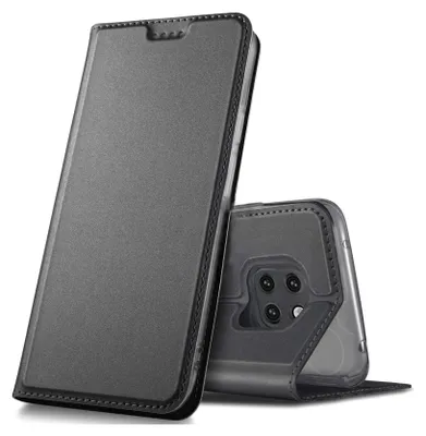 A dark gray flip case for a smartphone is shown standing upright, with the phone partially inserted.