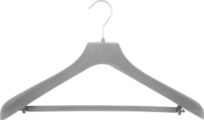 A gray clothes hanger against a white background.