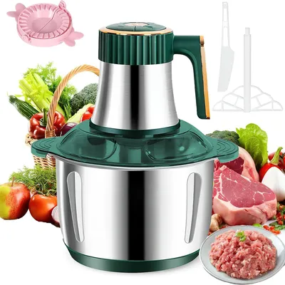 A collage of a food processor with various ingredients and accessories.