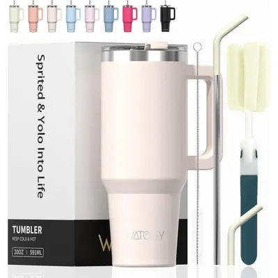 Productafbeelding van Thermobeker voor onderweg, 591 ml, lichtbeige, dubbelwandig roestvrij staal, vacuüm geïsoleerd, lekvrij, met handvat en rietje