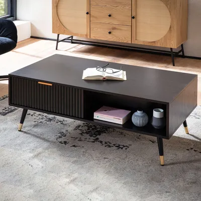 Obrázek produktu pro WOHNLING Konferenční stolek 110x60x43 cm černý s dubovým dekorem Obývací pokoj Stůl Obývací pokoj Obdélníkový s úložným prostorem Konferenční stolek se zásuvkami Stůl Obývací pokoj