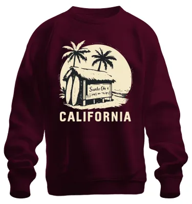 Productafbeelding van California Surfen, palmbomen, surfplanken, strandhut, vintage, zomer, uni, sweatshirt, trui, bordeauxrood, maat L