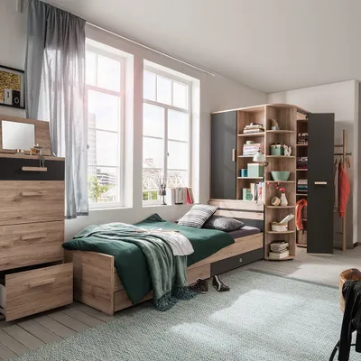 Produktbild von Jugendzimmer Set 5-teilig mit 90x200 cm Bett in Eiche mit graphit CANTON-43