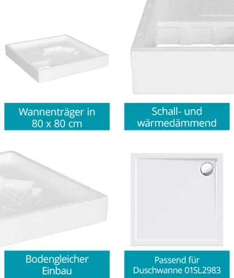 Produktbild von Calmwaters® Duschwannenträger 80x80 cm Modern Select, Passend für Quadrat-Duschwanne 80 x 80 x 2,5 cm, Styropor-Wannenträger, Schall- und wärmedämmend, Direkt verfliesbar, Weiß, 03AX3004