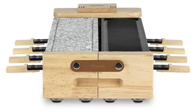 Produktbild von H.Koenig WOD360 Raclettegerät für 8 Personen, Steingranit und Naturholz, 180° Drehung, herausnehmbare Platten, 8 Pfännchen und 8 Holzspatel, 1400 W