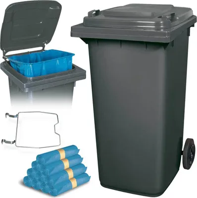 Produktbild von BRB 240 Liter Mülltonne grau mit Halter für Müllsäcke, inkl. 100 Müllsäcke