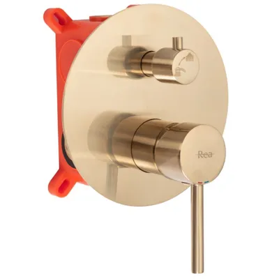 A close-up studio shot of a gold-colored shower valve with a red mounting box.