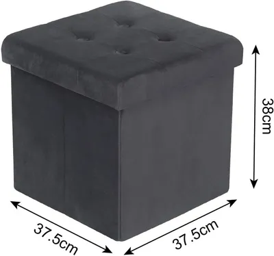 A gray, tufted storage ottoman with dimension labels.