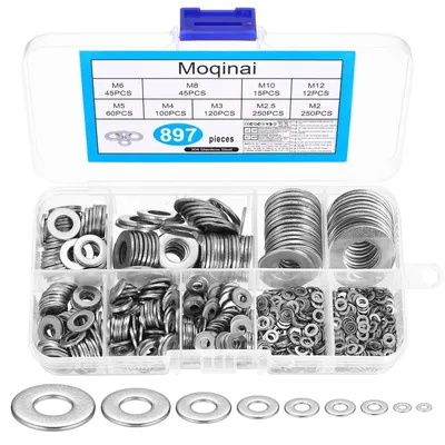Produktbild von Unterlegscheibe M2, M2,5, M3, M4, M5, M6, M8, M10, M12 - Edelstahl - 897 Stück - Mit Aufbewahrungsbox