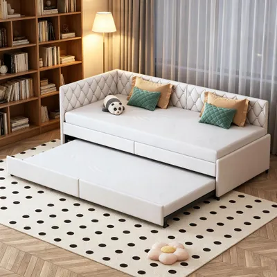 Produktbild von INONEFT Schlafsofa 90x200cm/180x200cm,Tagesbett,Daybett,Jugendbett mit Lattenrost und Armlehnen,Gästebett,Ausziehbett,Polsterbett,Samt,Beige