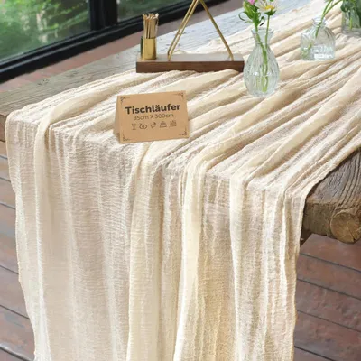 Immagine prodotto di Runner da tavolo in mussola, 85x300 cm, beige crema, stile boho, lavabile, decorazione per la tavola