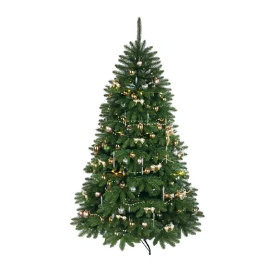 A decorated artificial Christmas tree on a white background.