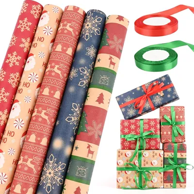 Produktbild von Geschenkpapier für Weihnachten, 5 Rollen, Verschiedene Muster, 43 cm x 300 cm, Für Kinder