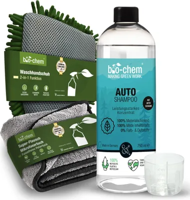Produktbild von bio-chem AutoShampoo biologisch abbaubar – 750 ml inkl. 2-in-1 Handschuh & Flausch-Tuch – pH-neutrales Konzentrat – Kraftvoll gegen Schmutz, schonend zum Lack – greift Wachs-Versiegelung nicht an
