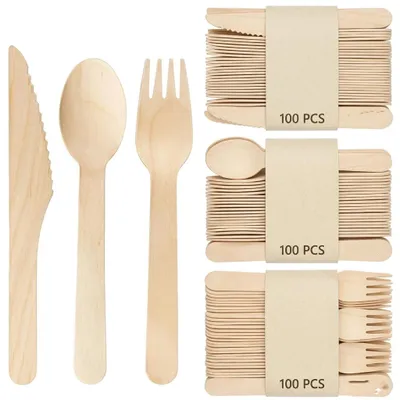 Holzbesteckset 300-teilig, 100 Messer, 100 Gabeln, 100 Löffel