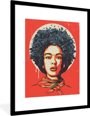 Produktbild von MuchoWow® Gerahmtes Poster Frau - Blumen - Rot - Retro 60x80 cm - Poster mit Schwarzem Bilderrahmen Wandposter Rahmen Foto Bilder - Wohnzimmer - Dekorationen - Prämie