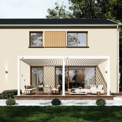 Produktbild von Weide Deluxe Plus Wand-Pergola Voll-Aluminium 4x6m mit Lamellendach weiß